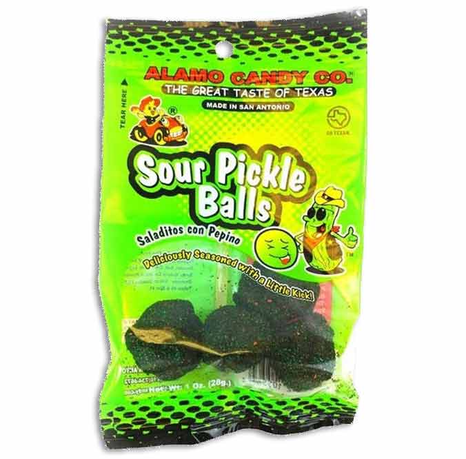 Alamo candy peg bag sour pickle balls.